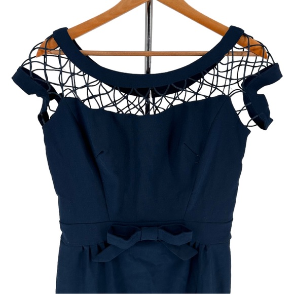 Tatyana Alina Pencil Dress in Navy Bow size Large Short Sleeve Fishnet Neckline - Picture 4 of 13